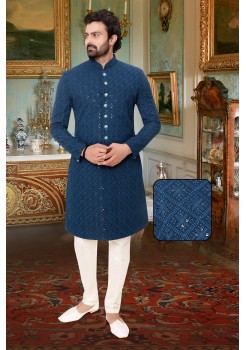 Blue Lakhnavi Silk  Indo Western Sherwani